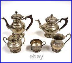 Vintage Silver Plate Tea & Coffee Set 5 Piece Service Wood Handles Unpolished