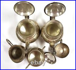 Vintage Silver Plate Tea & Coffee Set 5 Piece Service Wood Handles Unpolished