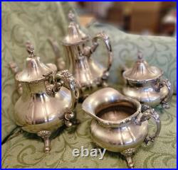 Vintage Silver Plated 4 Pieces Coffee Pot, Teapot, Creamer and Sugar Bowl Set