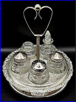 Vintage Silver Plated Glass Cut Rotating Cruet 5 Piece Set
