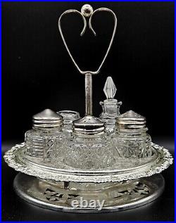 Vintage Silver Plated Glass Cut Rotating Cruet 5 Piece Set