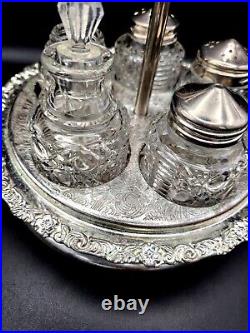 Vintage Silver Plated Glass Cut Rotating Cruet 5 Piece Set