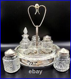 Vintage Silver Plated Glass Cut Rotating Cruet 5 Piece Set