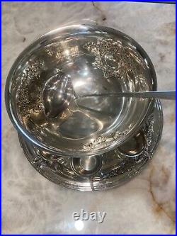 Vintage Silverplate Punch Bowl Monogram & Tray & Cup Set- 10 Pieces