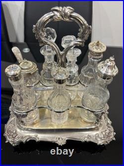Vintage Victorian 7 Piece Silver Plated / Cut Glass Condiment Cruet Set & Stand