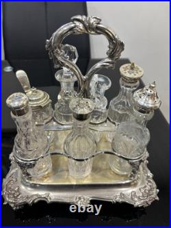 Vintage Victorian 7 Piece Silver Plated / Cut Glass Condiment Cruet Set & Stand
