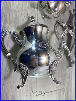 Vintage elegant Silver Plated 4 Piece Footed Ornate Tea & Coffee Set shiny cond
