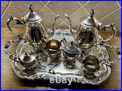 Vtg F B Rogers Ornate Silver Plate Seven Piece Coffee and Tea Service