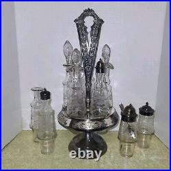 Vtg Middletown Glass 10 Piece Cruet Condiment Set Silver Plate Caddy