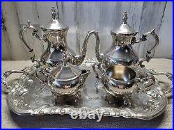 Vtg Silver Plate 5 Piece Teapot Coffee Set Butler Tray Creamer Sugar FB Rogers