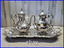Vtg Silver Plate 5 Piece Teapot Coffee Set Butler Tray Creamer Sugar FB Rogers