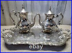 Vtg Silver Plate 5 Piece Teapot Coffee Set Butler Tray Creamer Sugar FB Rogers