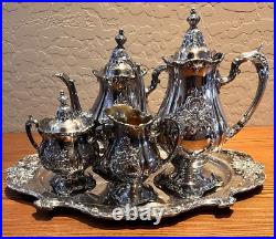 WALLACE Silver Plate 5 Piece Coffee Tea Service withTray By Christopher Wren