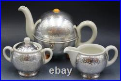 WMF Art Deco Hammered Silver Plate & Porcelain 3 Piece Tea Set with Creamer Sugar