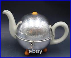 WMF Art Deco Hammered Silver Plate & Porcelain 3 Piece Tea Set with Creamer Sugar