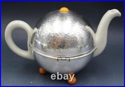 WMF Art Deco Hammered Silver Plate & Porcelain 3 Piece Tea Set with Creamer Sugar