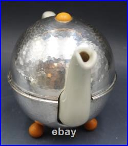 WMF Art Deco Hammered Silver Plate & Porcelain 3 Piece Tea Set with Creamer Sugar