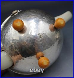 WMF Art Deco Hammered Silver Plate & Porcelain 3 Piece Tea Set with Creamer Sugar