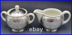 WMF Art Deco Hammered Silver Plate & Porcelain 3 Piece Tea Set with Creamer Sugar