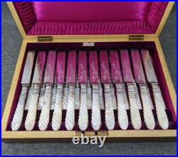 Walker & Hall Mother Of Pearl Silver Plated 24 Piece Dessert Cutlery Set Carved