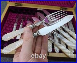 Walker & Hall Mother Of Pearl Silver Plated 24 Piece Dessert Cutlery Set Carved