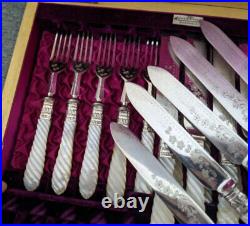 Walker & Hall Mother Of Pearl Silver Plated 24 Piece Dessert Cutlery Set Carved