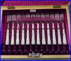 Walker & Hall Mother Of Pearl Silver Plated 24 Piece Dessert Cutlery Set Carved