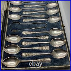 Walker and Hall Sheffield Tea Spoons Sugar Tong 13 Piece Set Cased Silver Plate