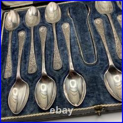 Walker and Hall Sheffield Tea Spoons Sugar Tong 13 Piece Set Cased Silver Plate