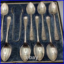 Walker and Hall Sheffield Tea Spoons Sugar Tong 13 Piece Set Cased Silver Plate
