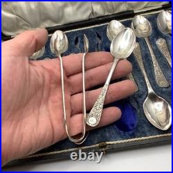 Walker and Hall Sheffield Tea Spoons Sugar Tong 13 Piece Set Cased Silver Plate