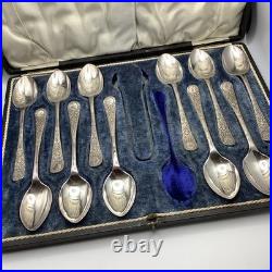 Walker and Hall Sheffield Tea Spoons Sugar Tong 13 Piece Set Cased Silver Plate