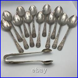 Walker and Hall Sheffield Tea Spoons Sugar Tong 13 Piece Set Cased Silver Plate