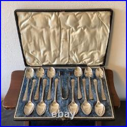 Walker and Hall Sheffield Tea Spoons Sugar Tong 13 Piece Set Cased Silver Plate